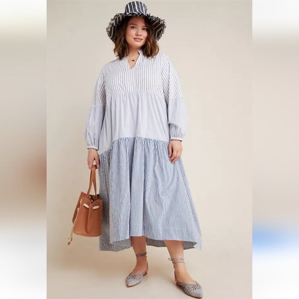 Maeve Anthropologie Bonnie Stripe Tiered Midi Blue Dress size XS - Picture 2 of 13